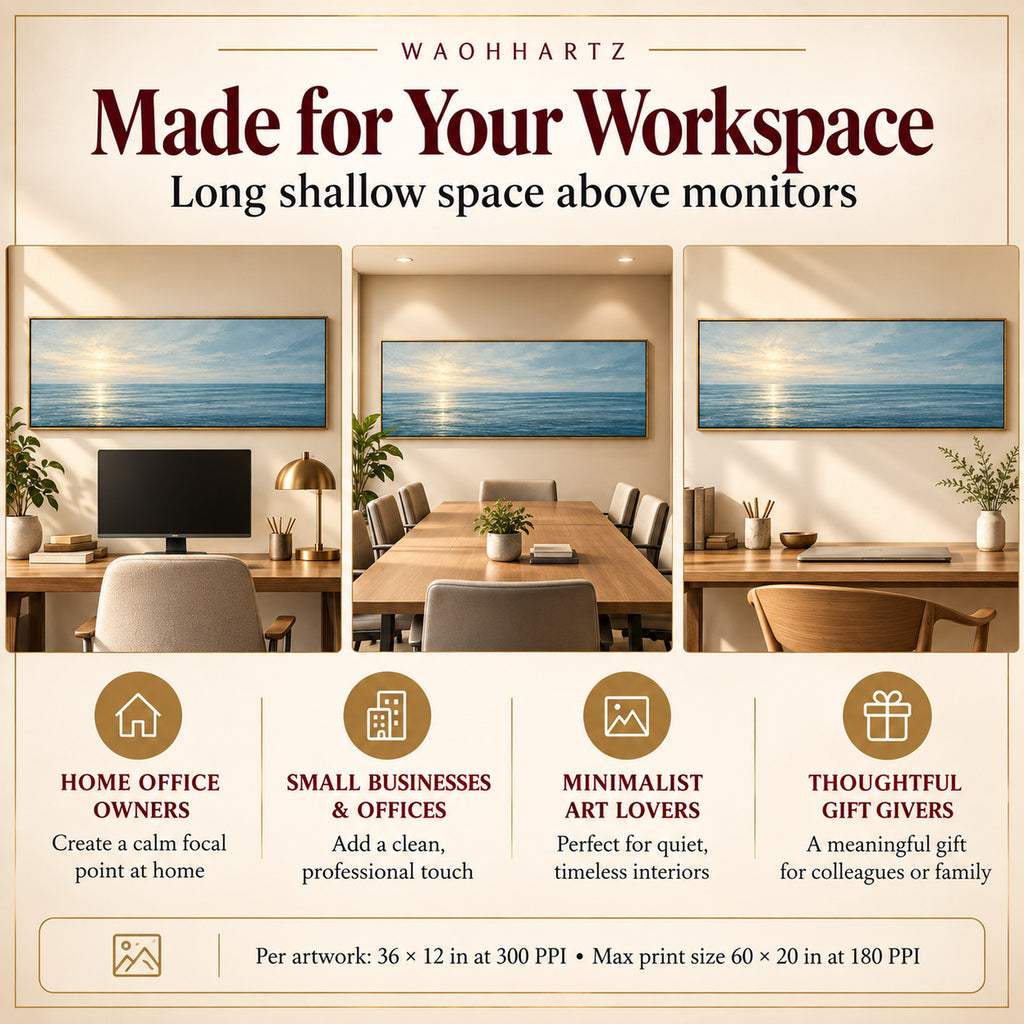 Quiet Ocean Horizon panoramic wall art shown in home office, small business and minimalist workspace settings.