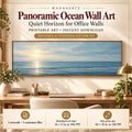 Quiet Ocean Horizon panoramic ocean wall art displayed in a warm office, with 36 x 12 in at 300 PPI and 60 x 20 in at 180 PPI print information.