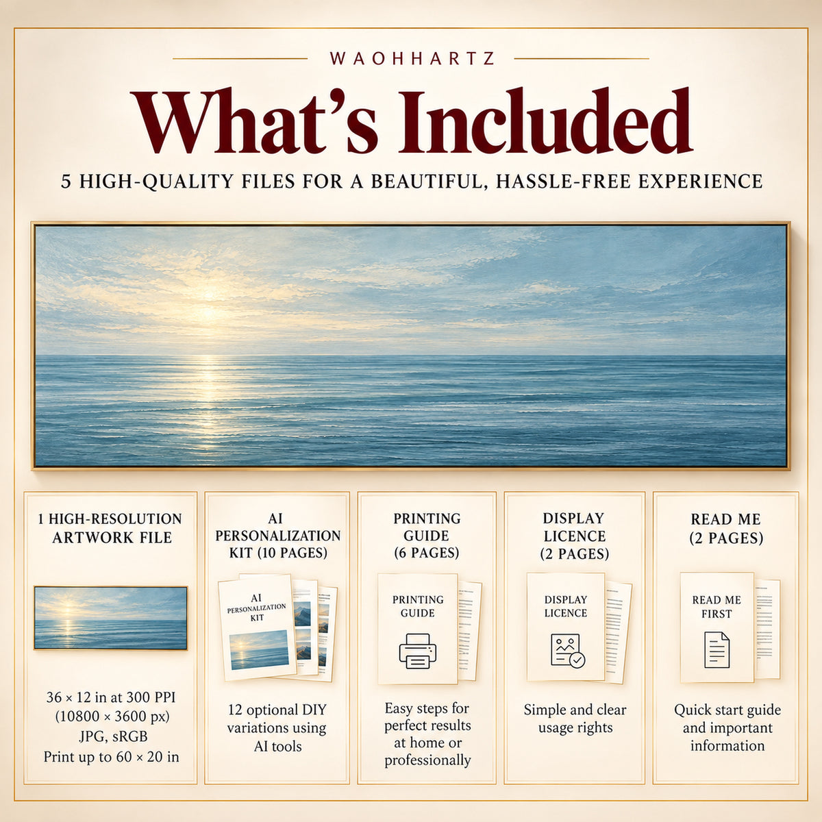 Quiet Ocean Horizon digital download contents with one high-resolution 3:1 artwork, AI personalization kit, printing guide, display licence and Read Me.