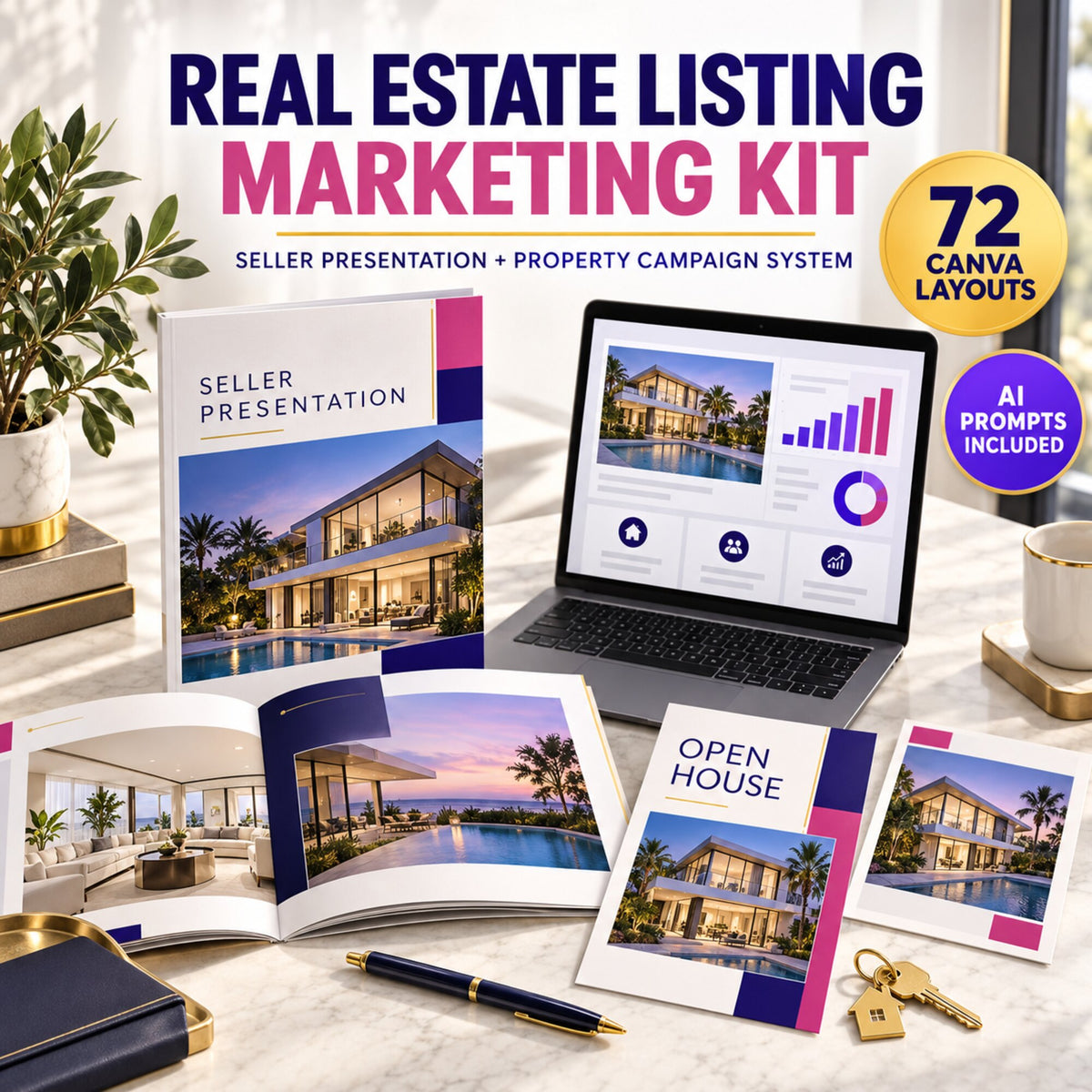 Real estate listing marketing and seller presentation kit with 72 Canva layouts, tracker and AI prompts