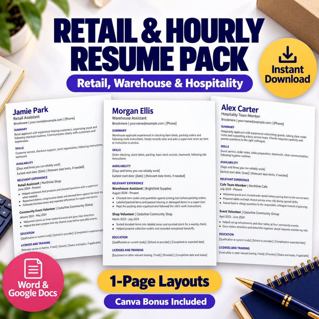 Retail warehouse hospitality resume template one page, with Word, Google Docs and a Canva bonus