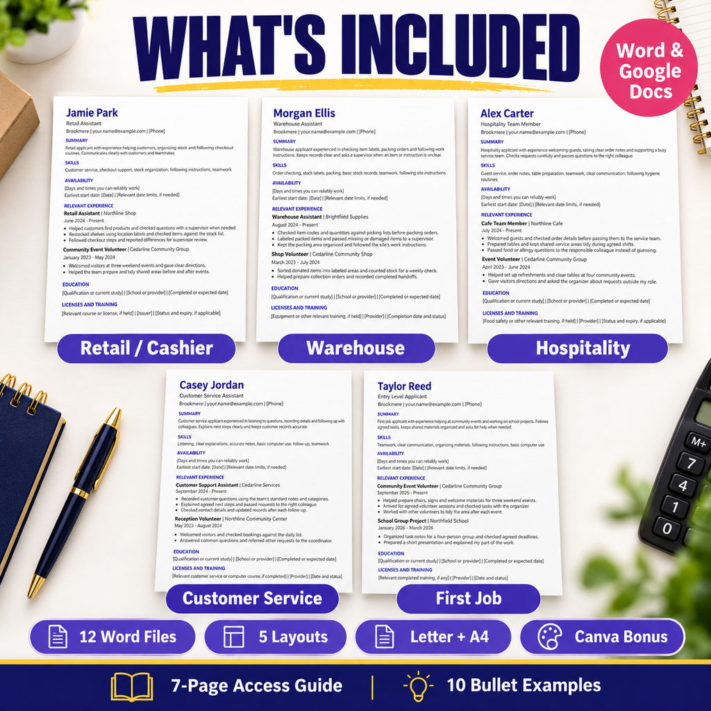 Five hourly job resume layouts with 12 Word files, Letter and A4, seven-page guide, ten bullet examples and Canva bonus