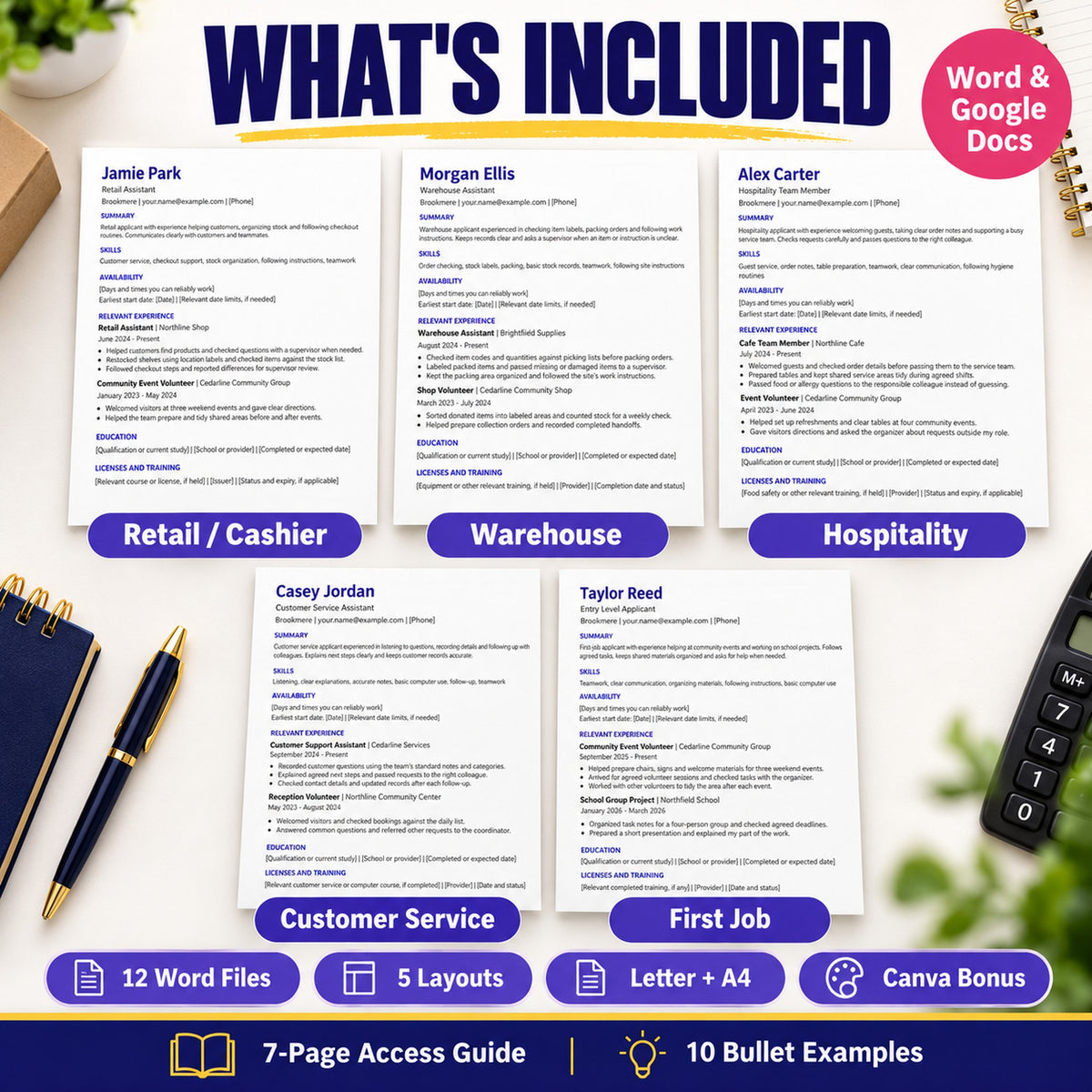 Five hourly job resume layouts with 12 Word files, Letter and A4, seven-page guide, ten bullet examples and Canva bonus