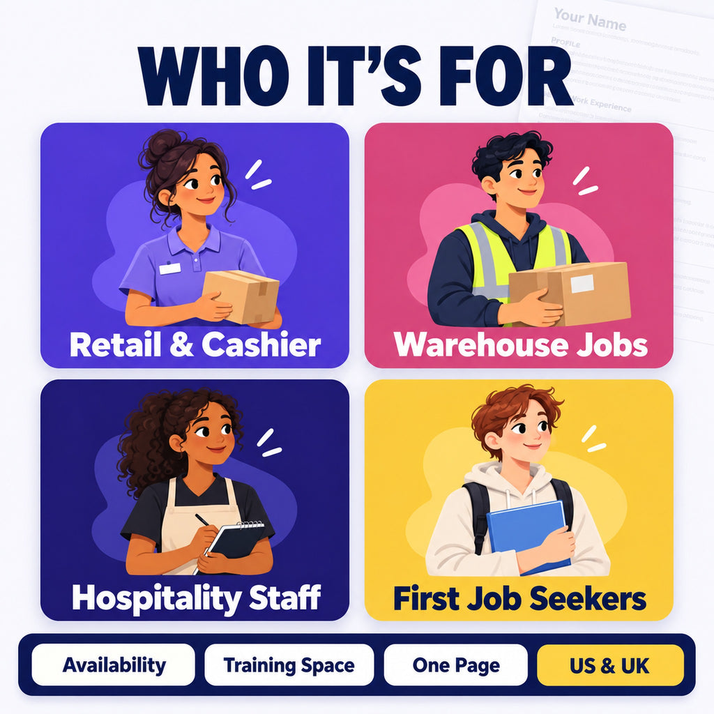 Resume pack for retail and cashier, warehouse, hospitality and first-job applicants in the US and UK