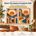 Retro 70s Sunset Geometry Pair printable wall art set of 2 in a warm modern bedroom with burnt orange, cobalt and mustard decor