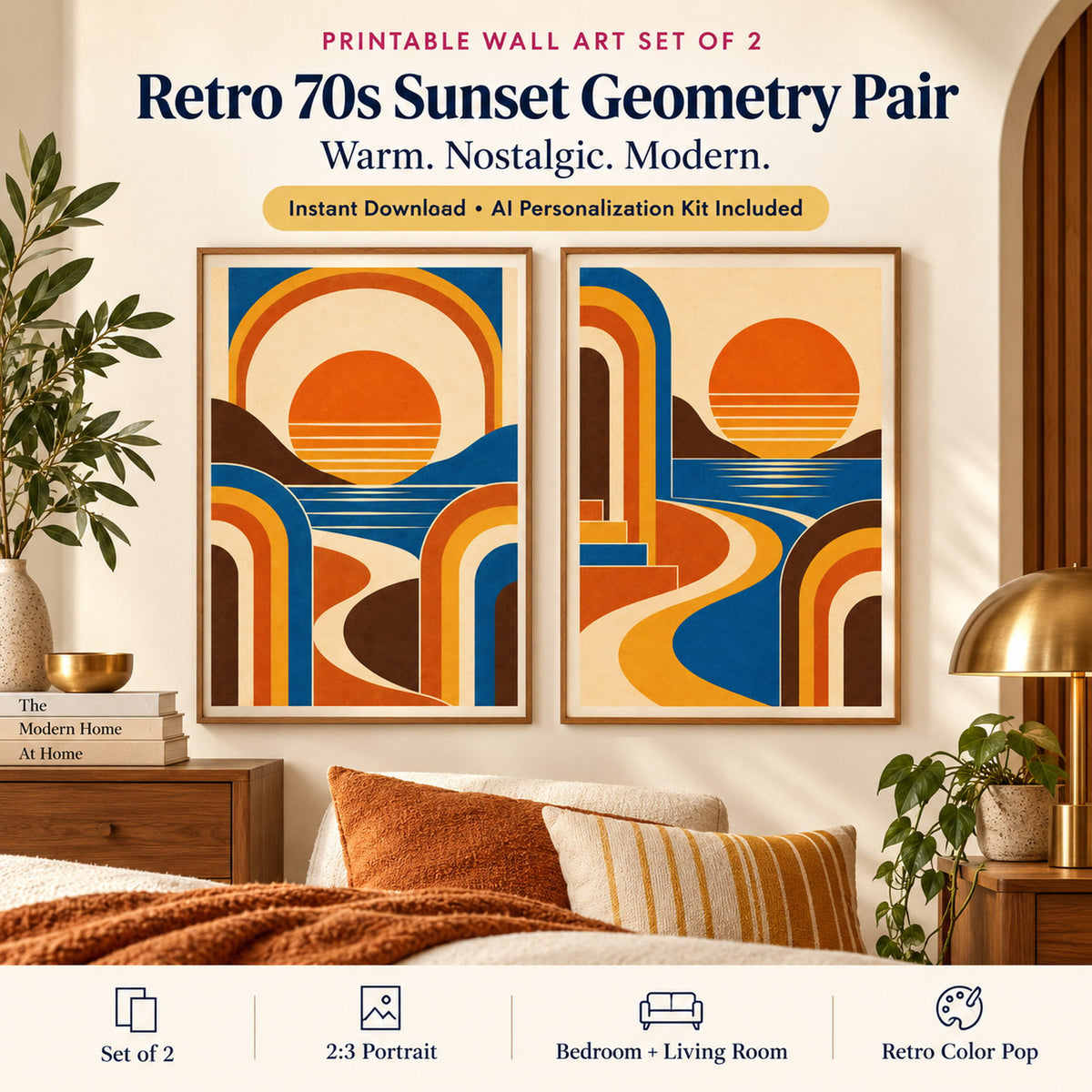 Retro 70s Sunset Geometry Pair printable wall art set of 2 in a warm modern bedroom with burnt orange, cobalt and mustard decor