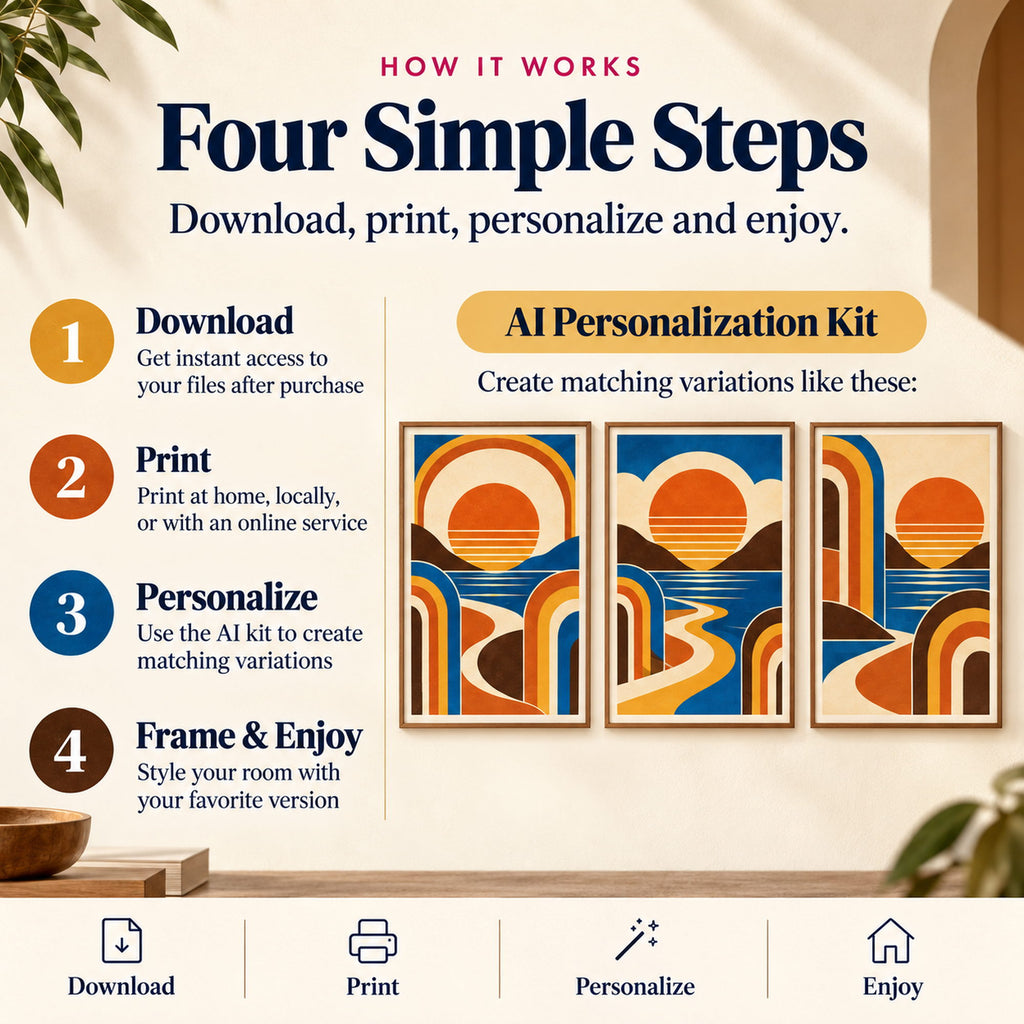 How to download, print, personalize and frame Retro 70s Sunset Geometry Pair with AI variation examples