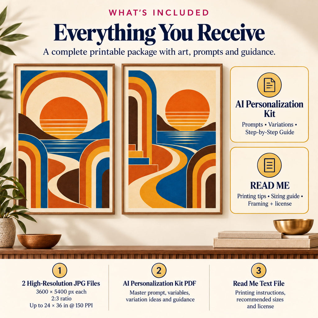 Retro 70s Sunset Geometry Pair digital download with 2 high-resolution JPG wall art files, AI Personalization Kit PDF and read me guide