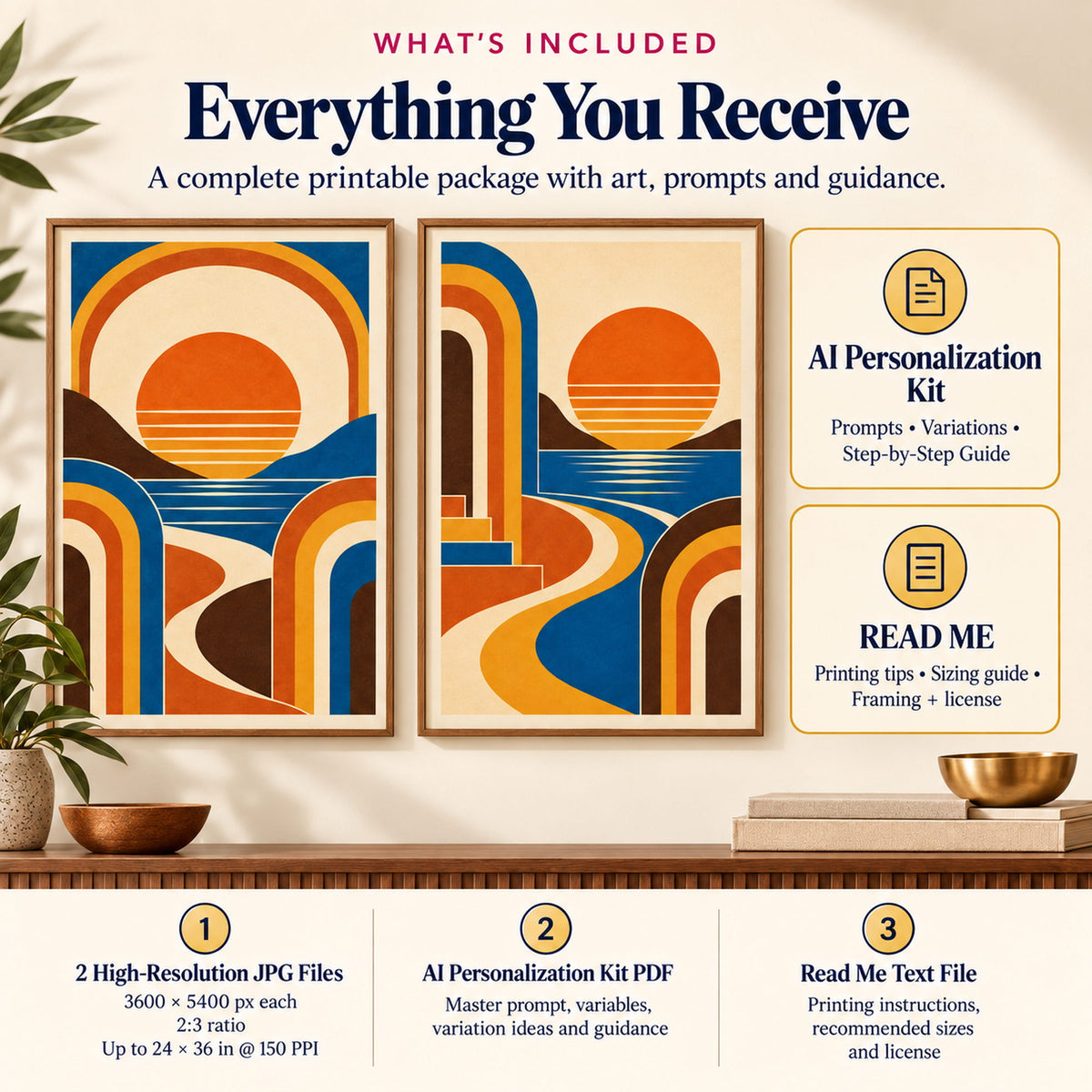 Retro 70s Sunset Geometry Pair digital download with 2 high-resolution JPG wall art files, AI Personalization Kit PDF and read me guide