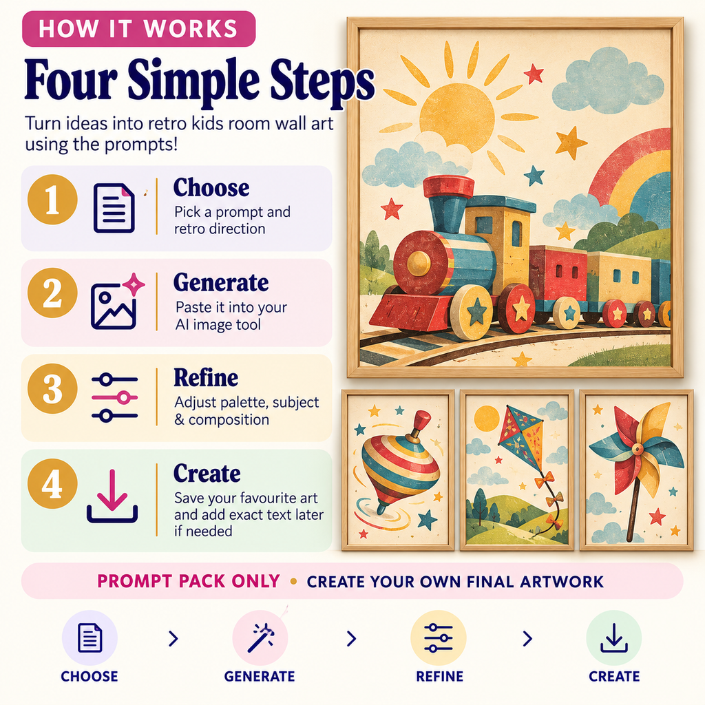 How to create retro kids room wall art using AI prompts in four simple steps