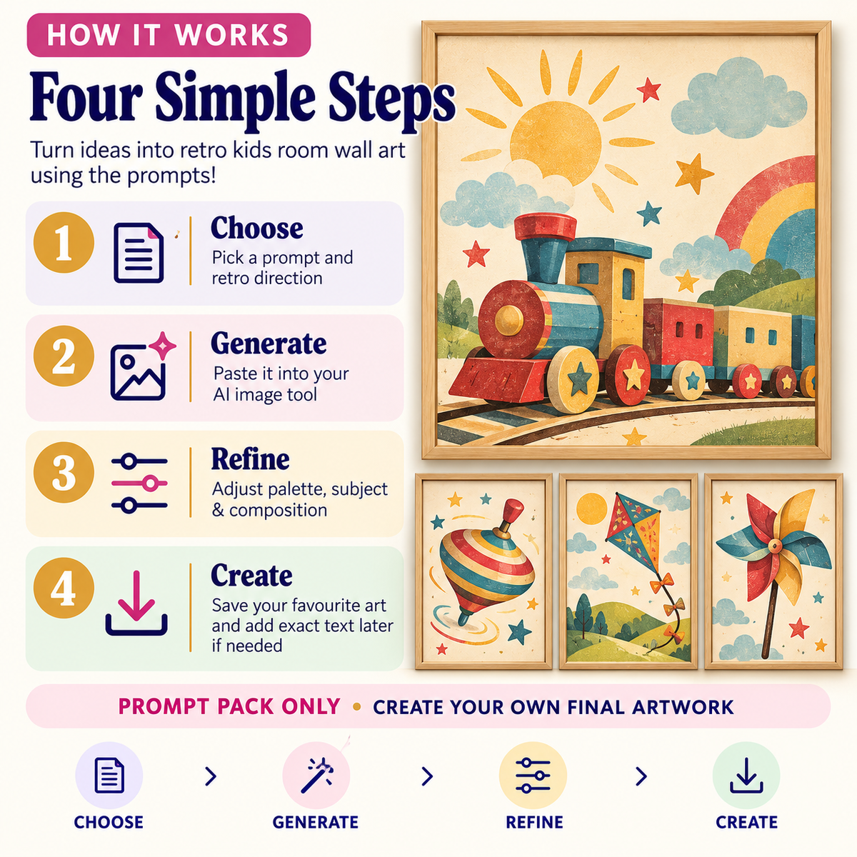 How to create retro kids room wall art using AI prompts in four simple steps