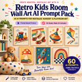 Retro kids room wall art AI prompt pack with nostalgic toy art examples