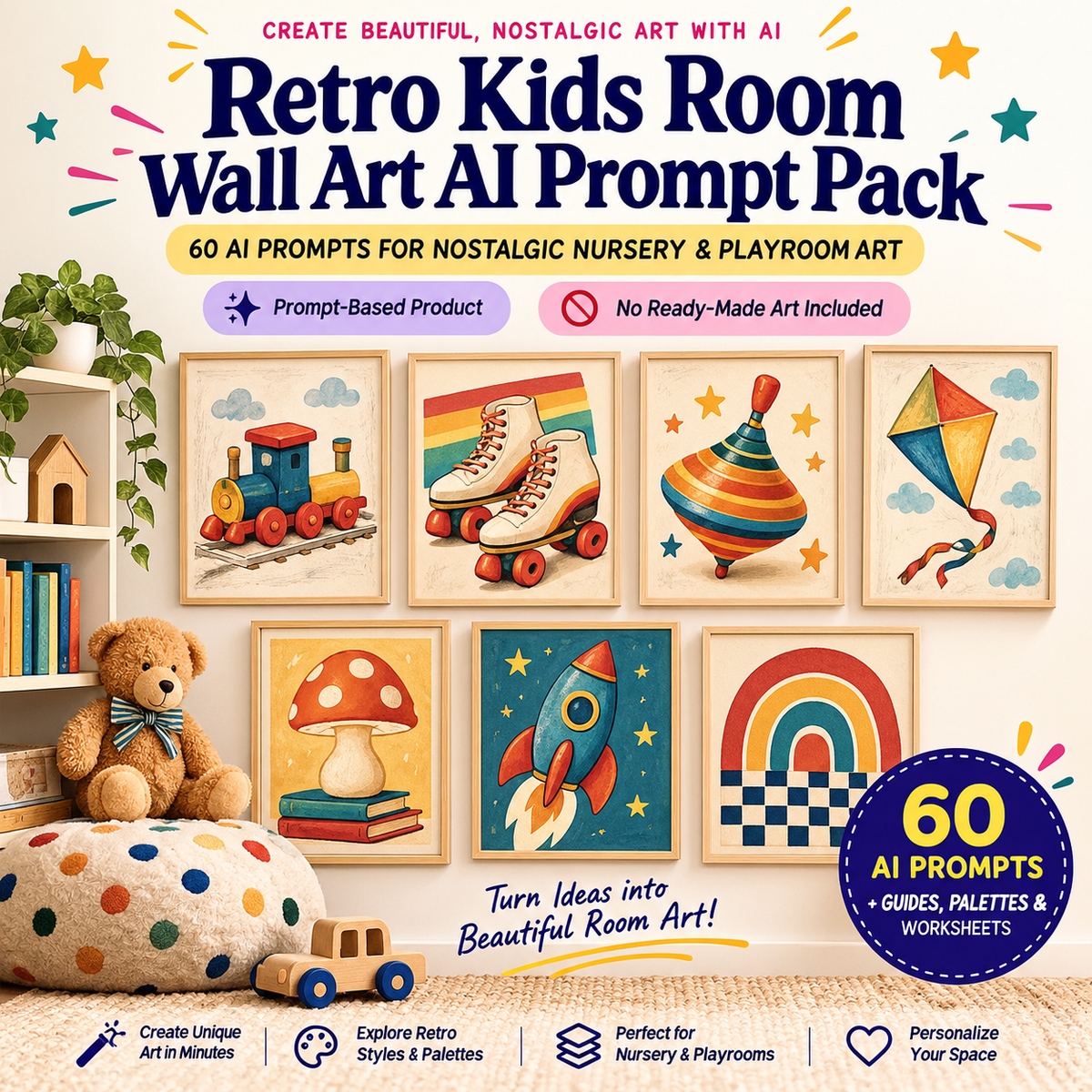 Retro kids room wall art AI prompt pack with nostalgic toy art examples