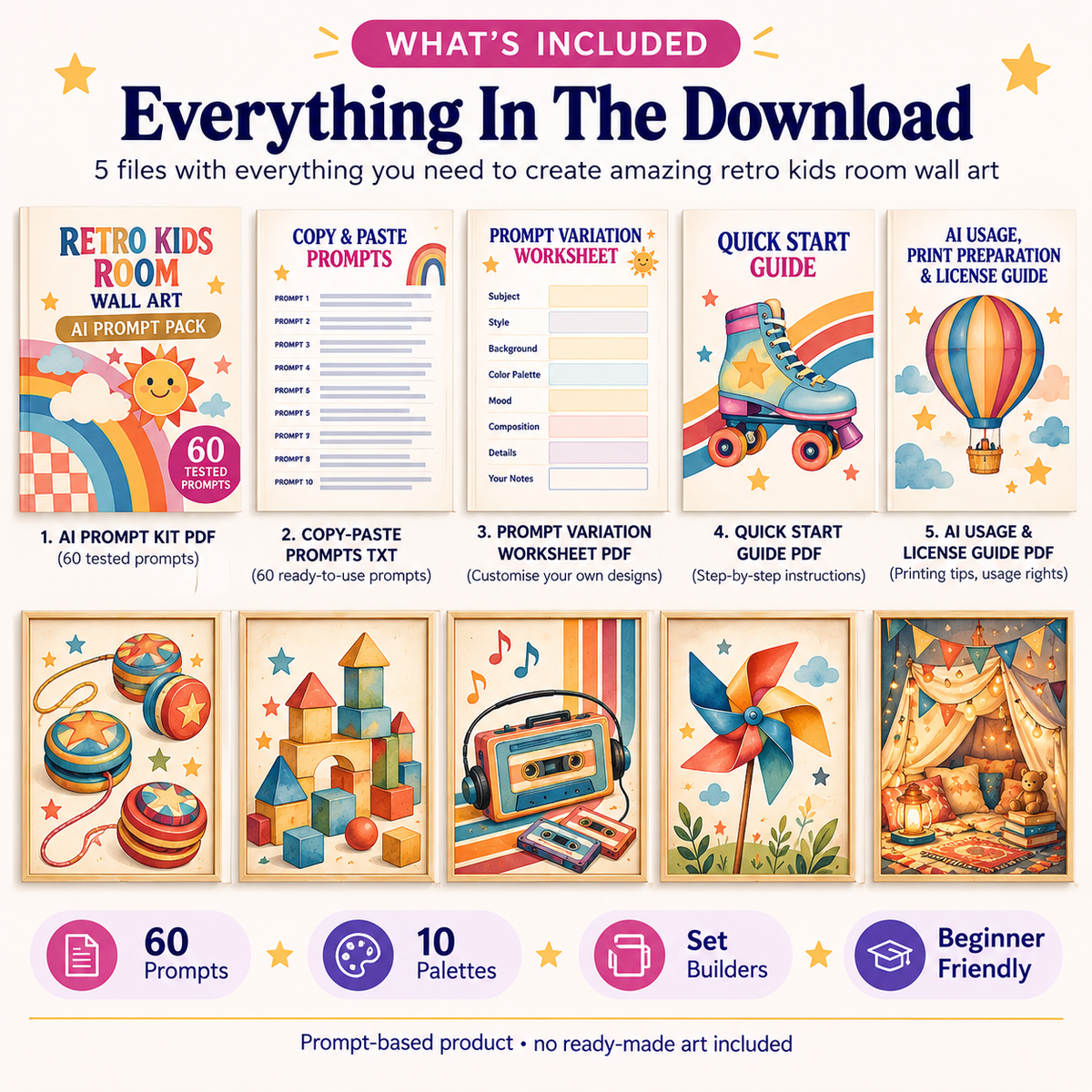 Retro kids room wall art AI prompt pack files prompts guides and worksheets