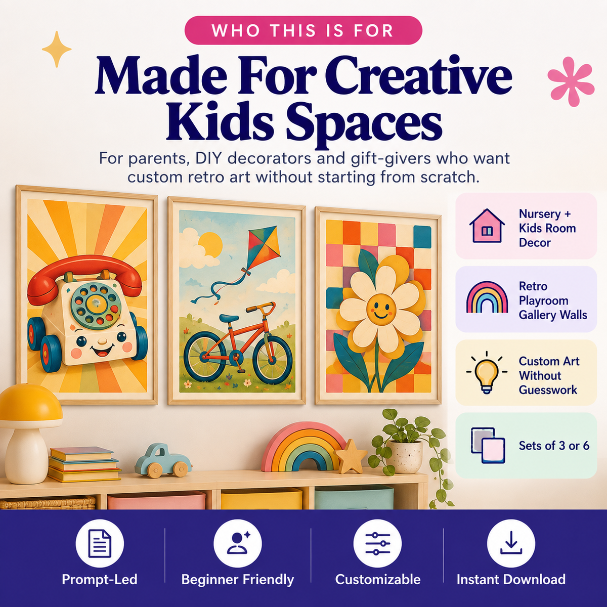 Retro kids room wall art AI prompt pack for nursery playroom and custom kids decor
