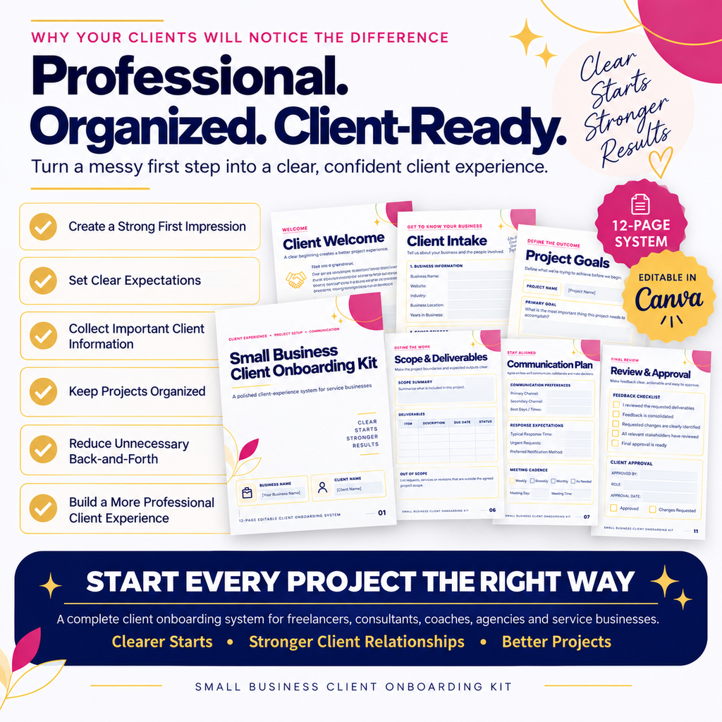 Small Business Client Onboarding Kit – 12-Page Printable PDF + Editable Canva Template