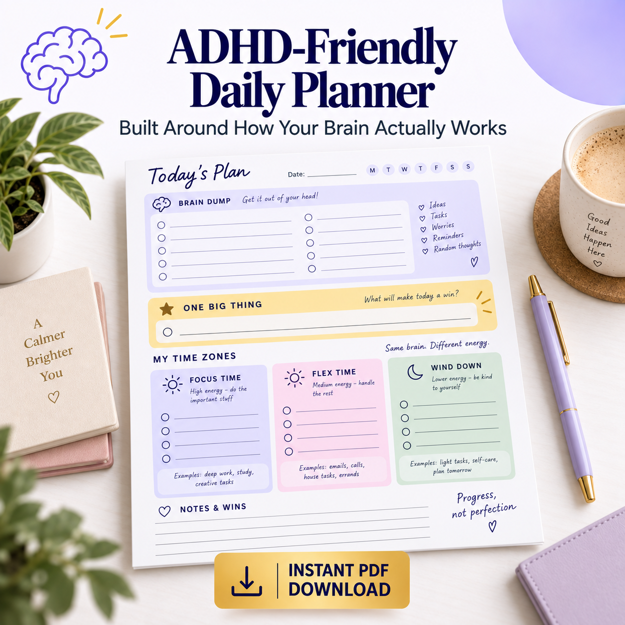 ADHD-Friendly Daily Planner | Brain Dump + One Big Thing | Instant Download PDF