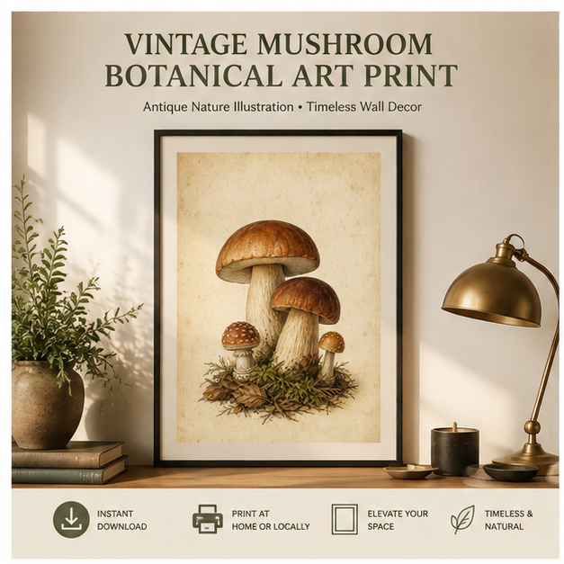 Vintage Botanical Mushroom Print — Instant Download — Antique Natural History Plate Style Wall Art 16x24 24x36 — Cottagecore Living Room Decor