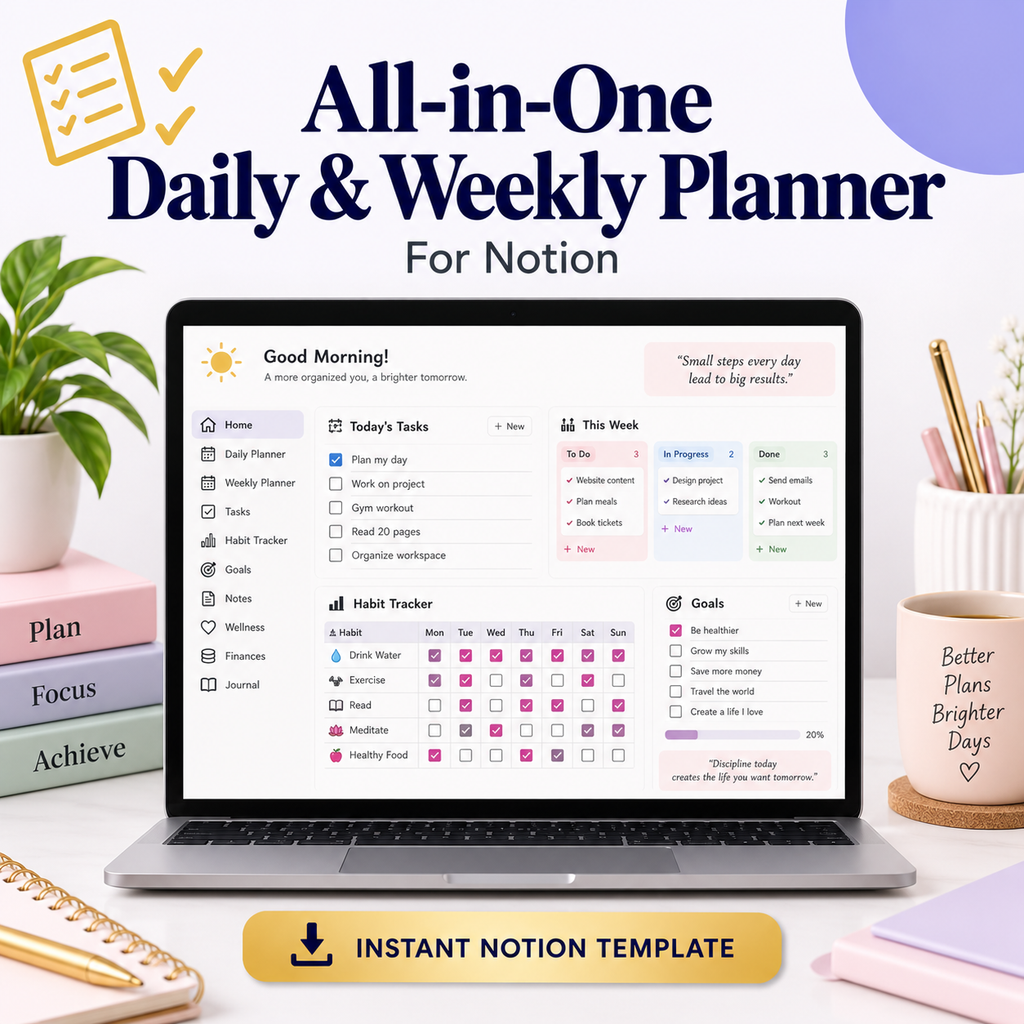 All-in-One Daily &amp; Weekly Planner | Notion Template | Instant Download PDF