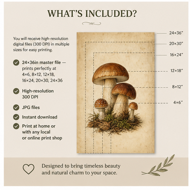 Vintage Botanical Mushroom Print — Instant Download — Antique Natural History Plate Style Wall Art 16x24 24x36 — Cottagecore Living Room Decor