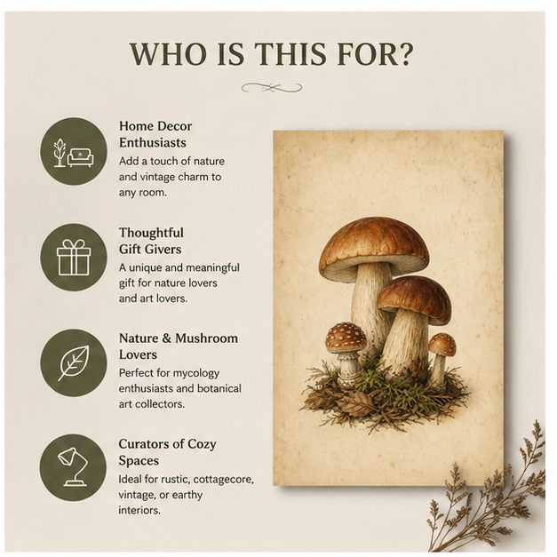 Vintage Botanical Mushroom Print — Instant Download — Antique Natural History Plate Style Wall Art 16x24 24x36 — Cottagecore Living Room Decor