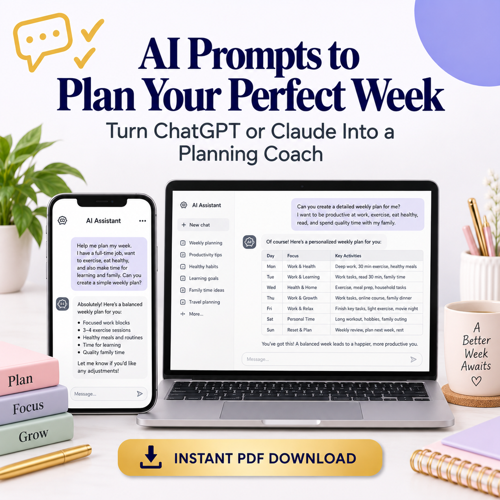 AI Prompts to Plan Your Perfect Week | ChatGPT &amp; Claude Planning Coach Prompts | Instant Download PDF