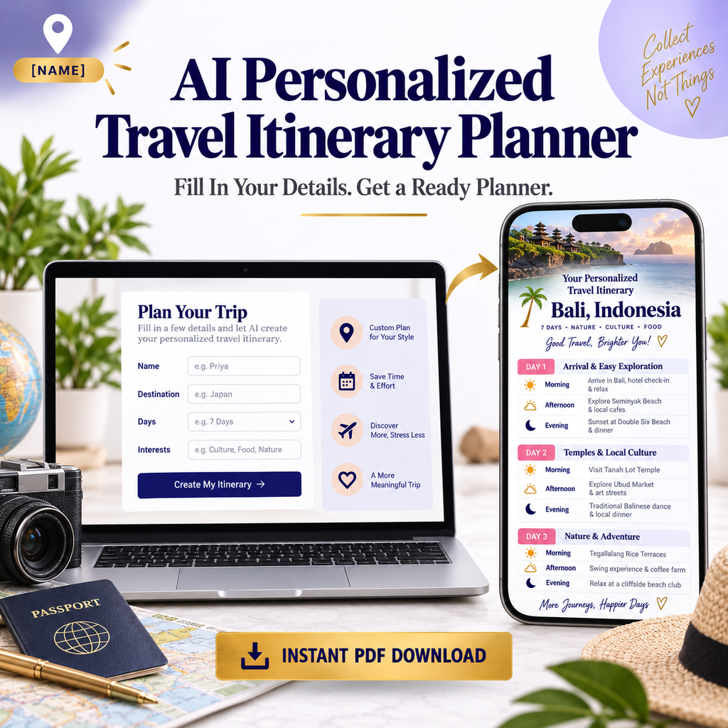 AI Personalized Travel Itinerary Planner Prompts | Fill In Your Details, Get a Ready Planner | Instant Download PDF