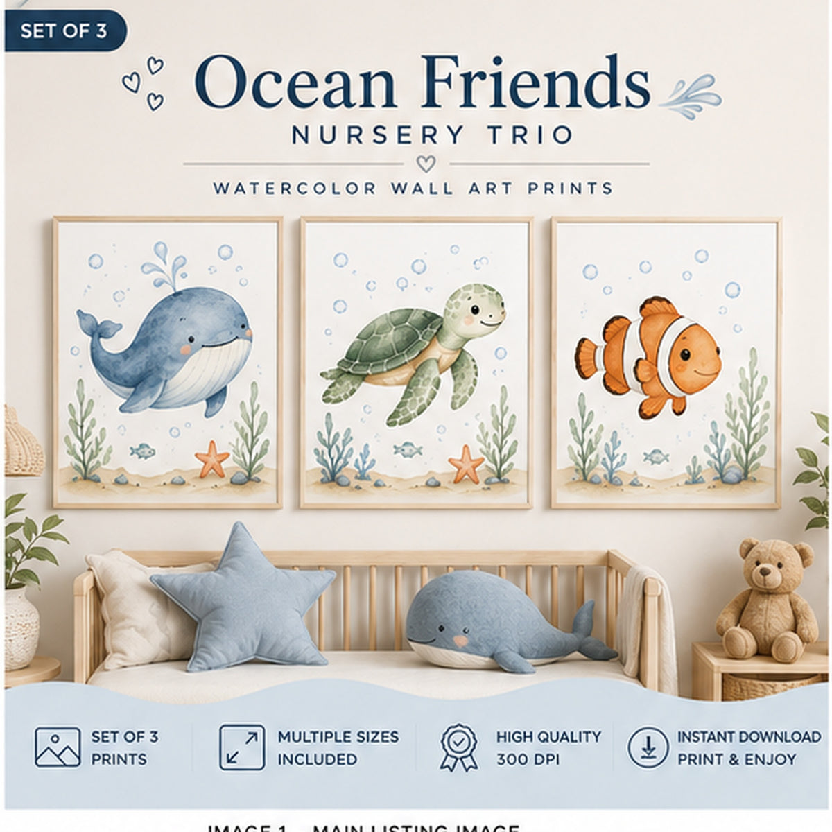 Ocean Friends Nursery Trio – Watercolor Printable Wall Art Set of 3