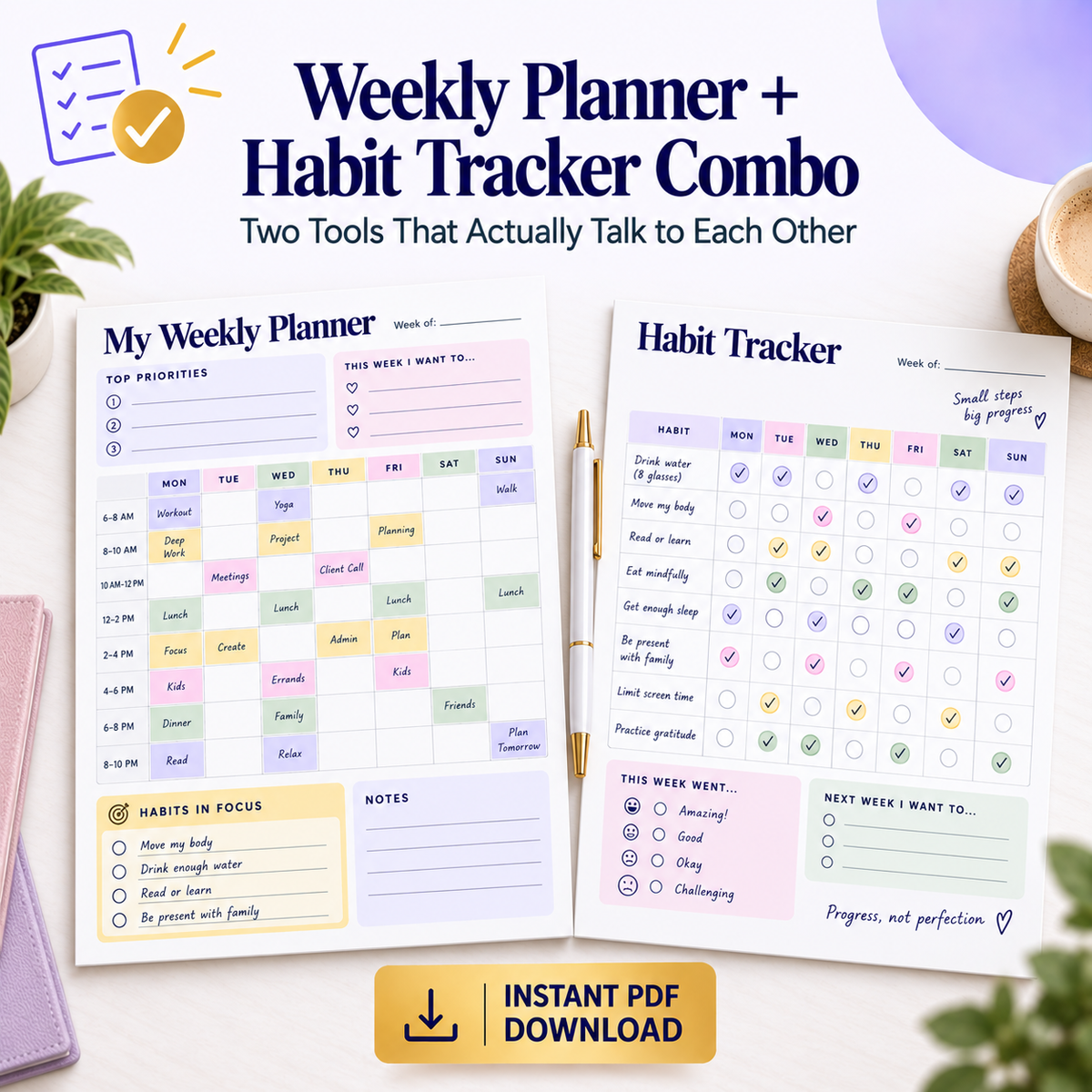 Weekly Planner + Habit Tracker Combo | Undated &amp; Reusable | Instant Download PDF