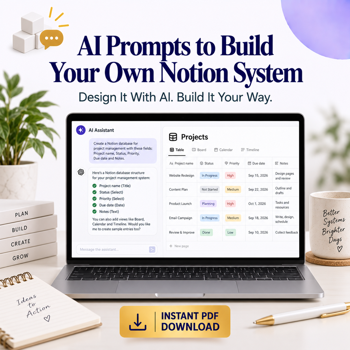AI Prompts to Build Your Own Notion Planner System | Design It With AI | Instant Download PDF