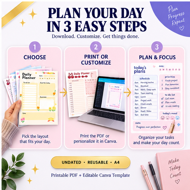 10 Daily Planner Designs – A4 Printable PDF + Editable Canva Template