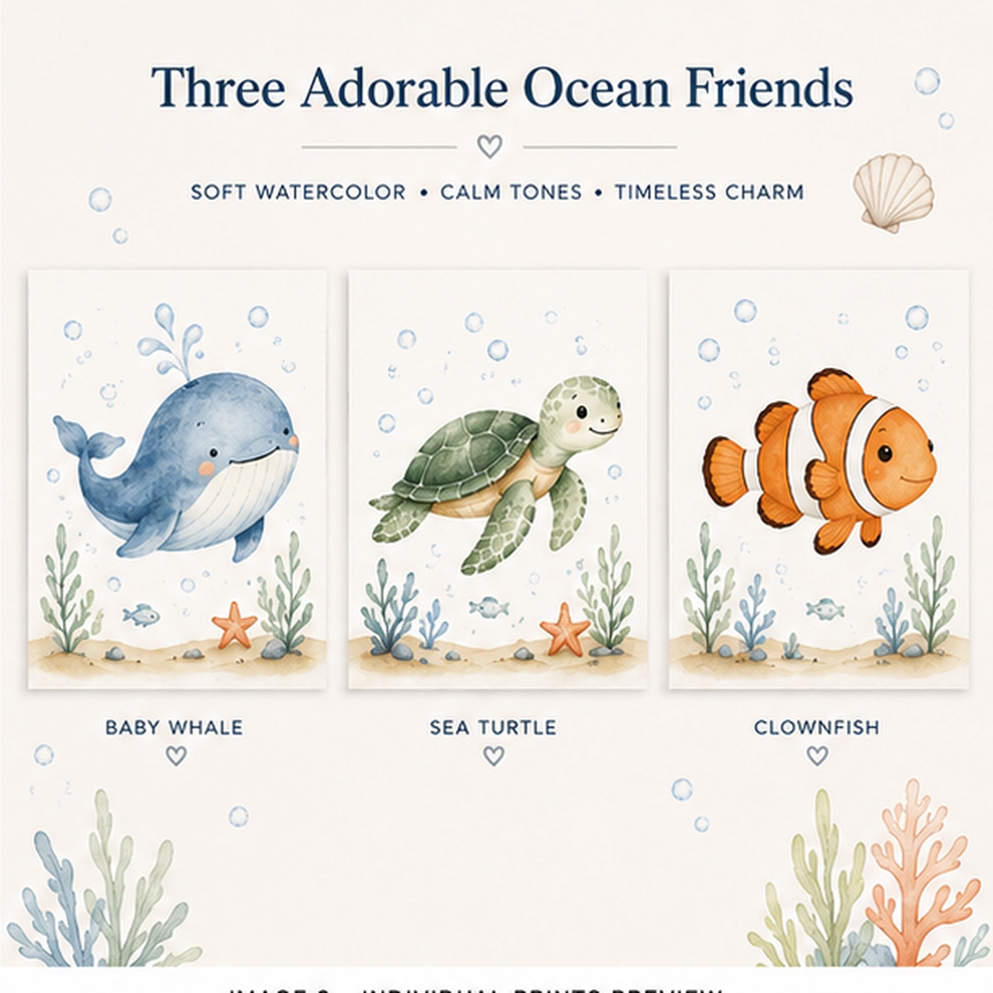 Ocean Friends Nursery Trio – Watercolor Printable Wall Art Set of 3