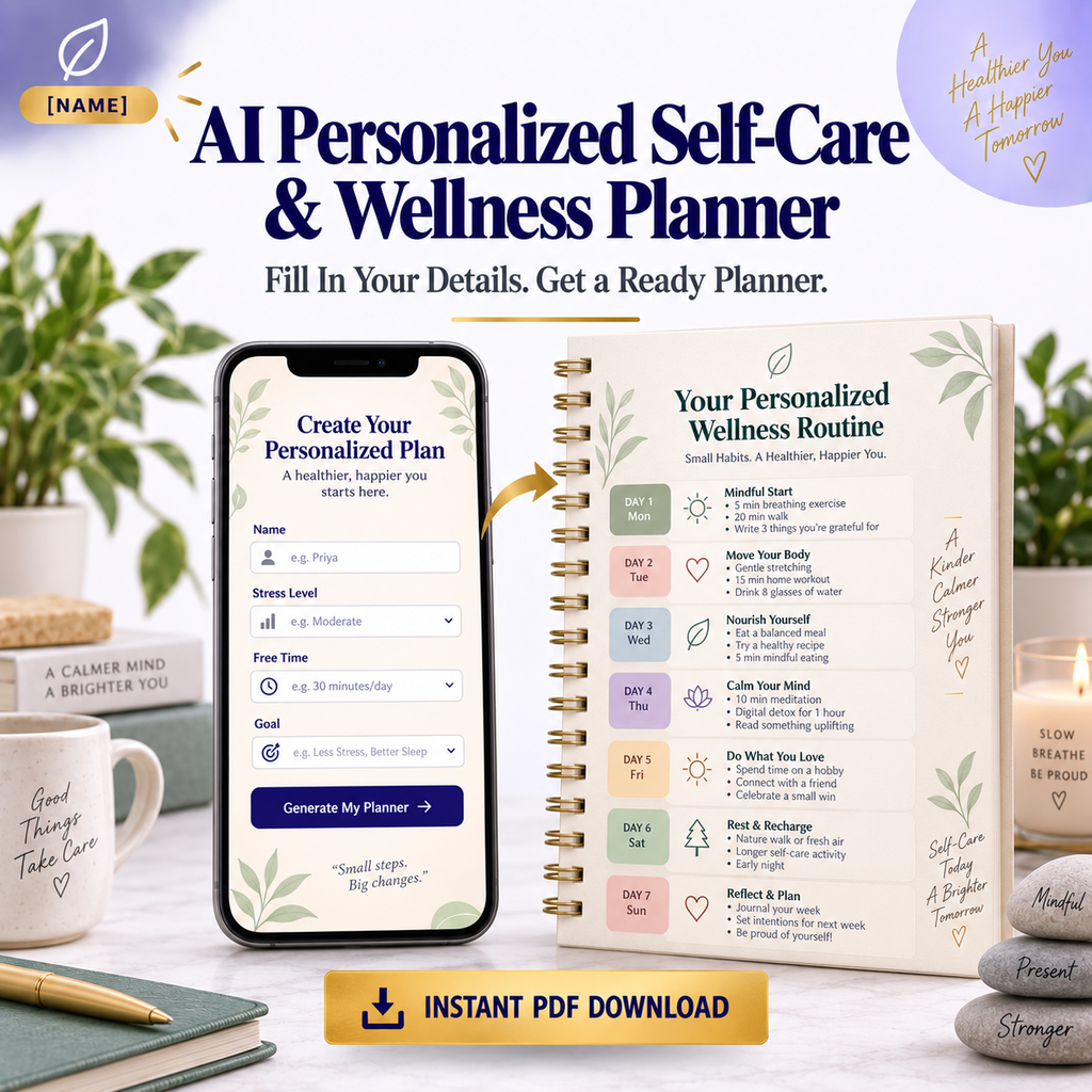 AI Personalized Self-Care &amp; Wellness Routine Planner Prompts | Fill In Your Details, Get a Ready Planner | Instant Download PDF