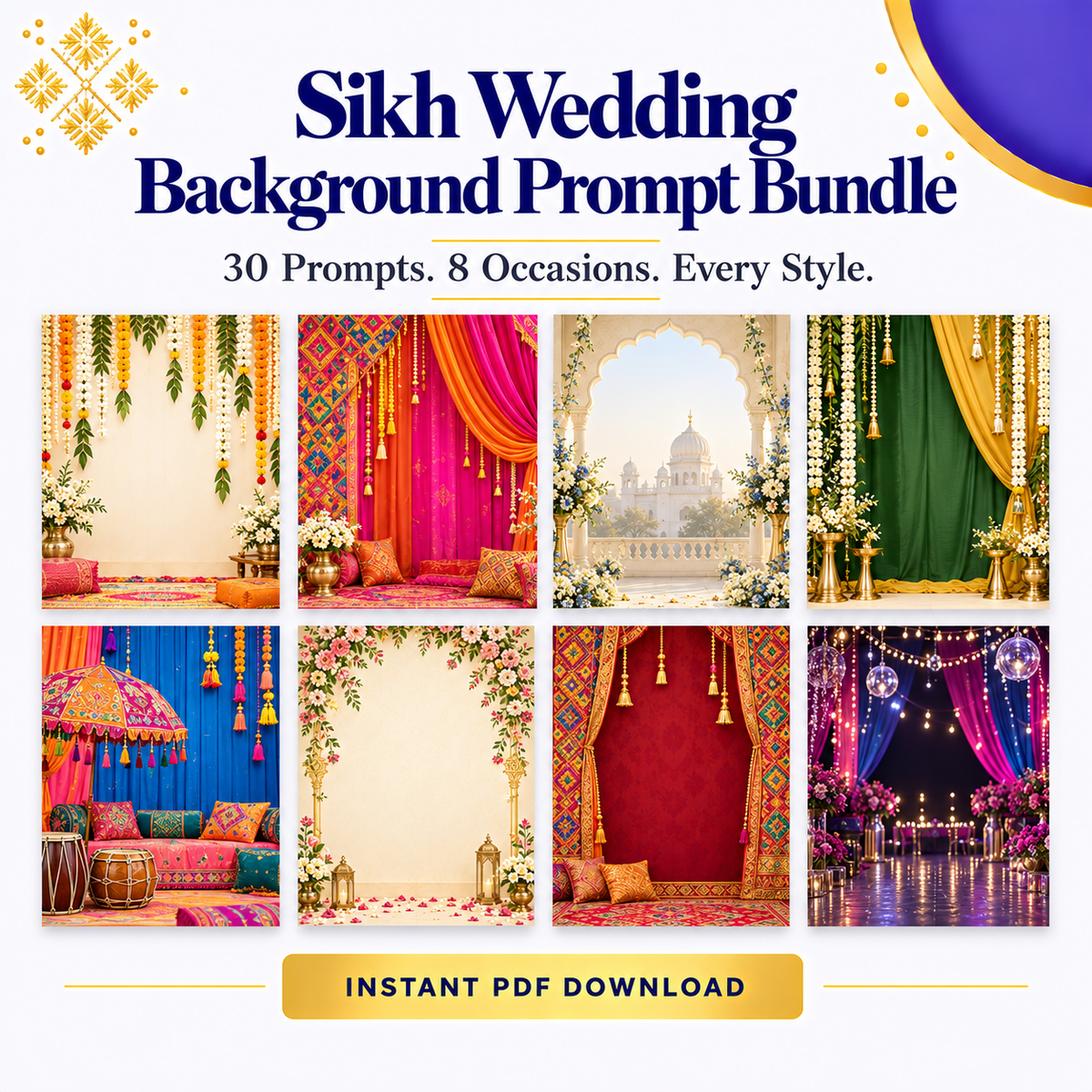 Sikh Wedding Background Prompt Bundle | 30 Prompts, 8 Occasions | Instant Download PDF
