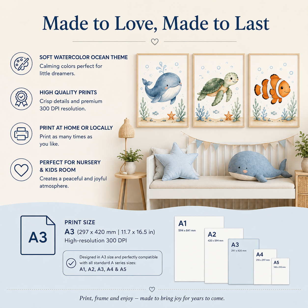 Ocean Friends Nursery Trio – Watercolor Printable Wall Art Set of 3