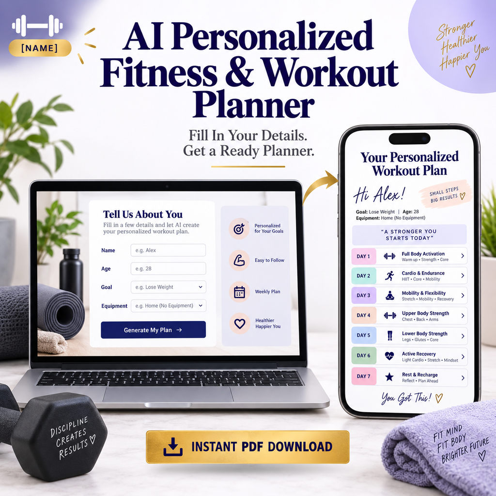 AI Personalized Fitness &amp; Workout Planner Prompts | Fill In Your Details, Get a Ready Planner | Instant Download PDF
