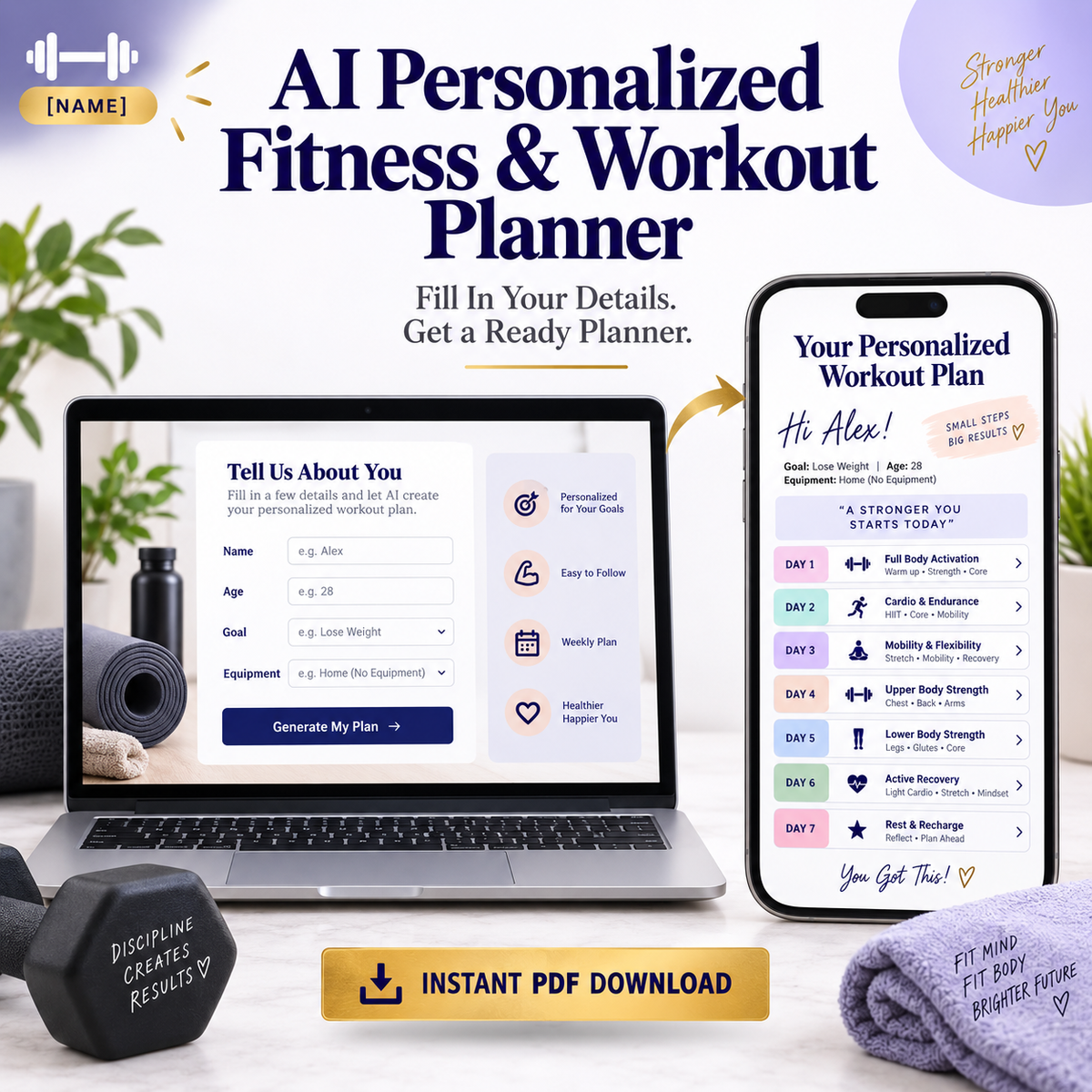 AI Personalized Fitness &amp; Workout Planner Prompts | Fill In Your Details, Get a Ready Planner | Instant Download PDF