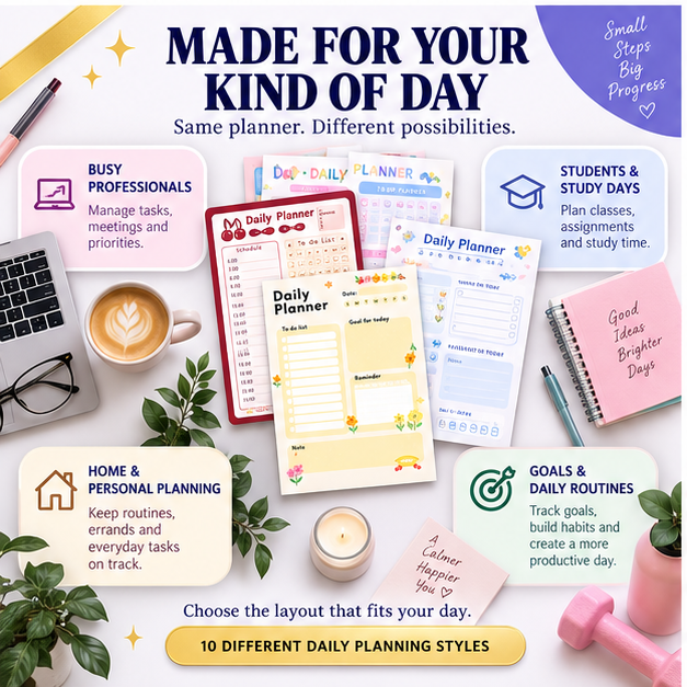 10 Daily Planner Designs – A4 Printable PDF + Editable Canva Template