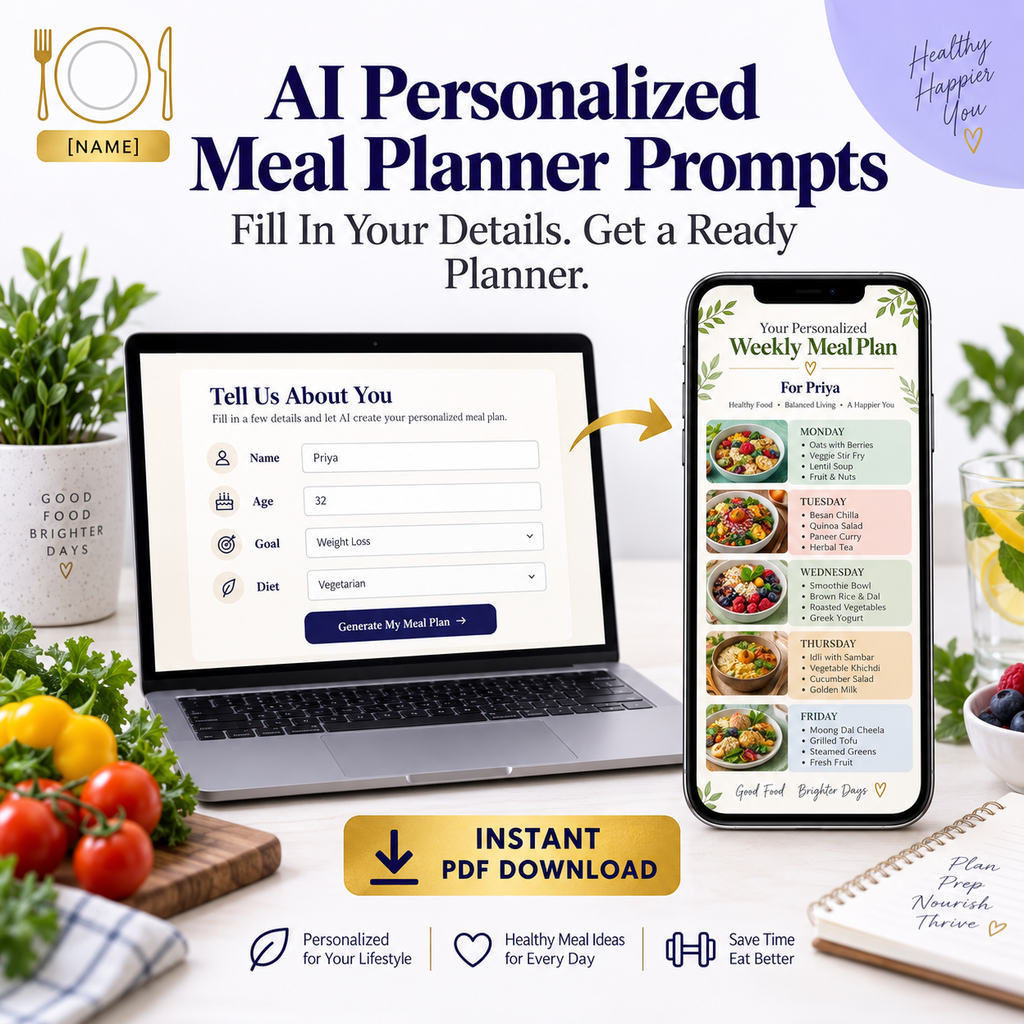 AI Personalized Meal Planner Prompts | Fill In Your Details, Get a Ready Planner | Instant Download PDF
