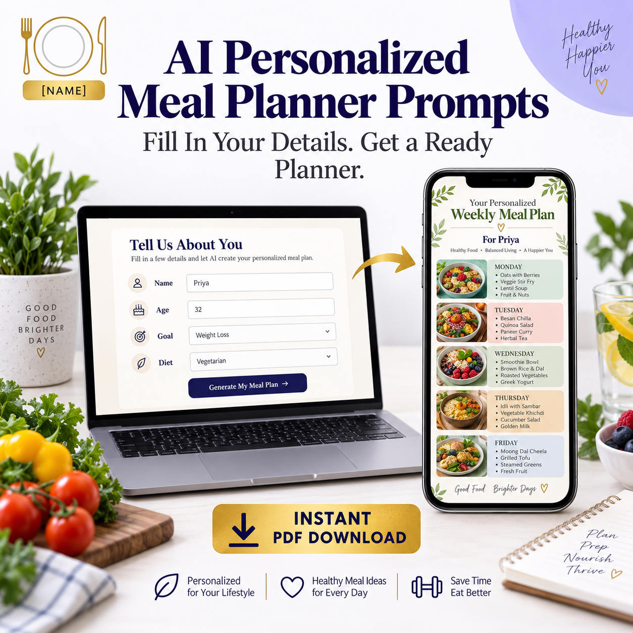 AI Personalized Meal Planner Prompts | Fill In Your Details, Get a Ready Planner | Instant Download PDF