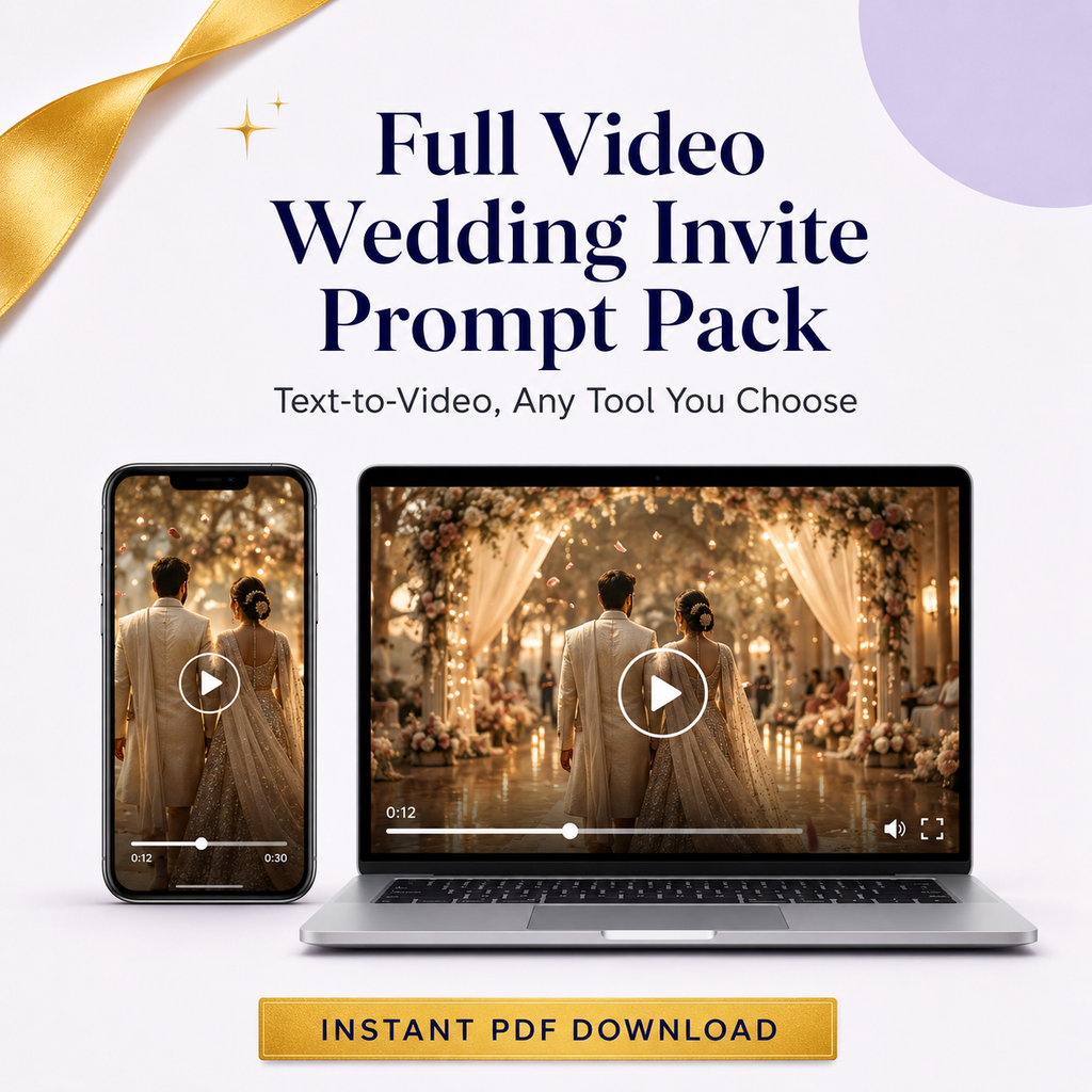 Full Video Wedding Invite Prompt Pack | Text-to-Video, Any Tool | Instant Download PDF