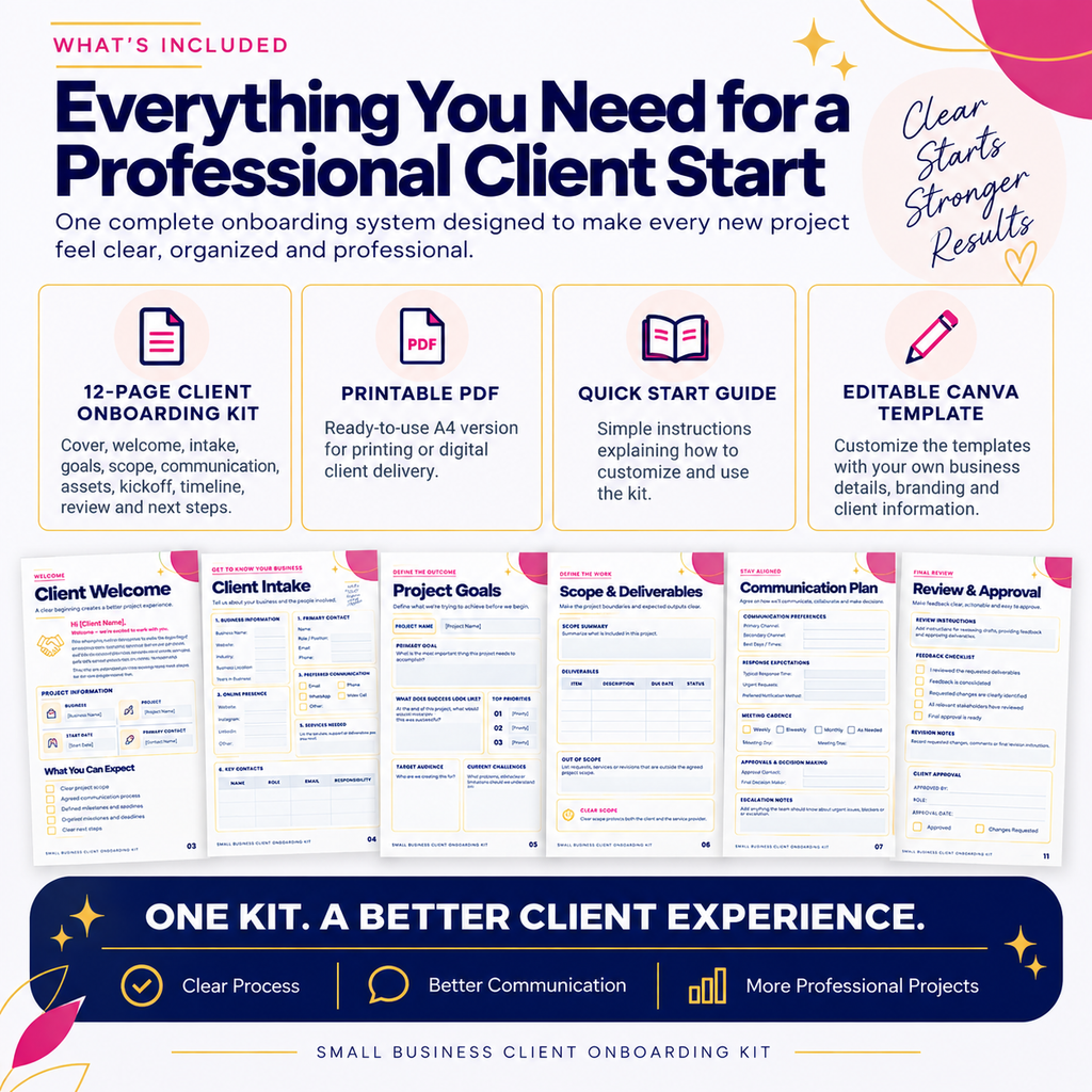 Small Business Client Onboarding Kit – 12-Page Printable PDF + Editable Canva Template