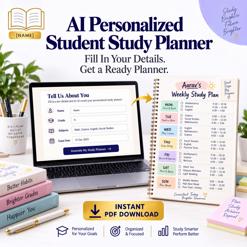 AI Personalized Student Study Planner Prompts | Fill In Your Details, Get a Ready Planner | Instant Download PDF