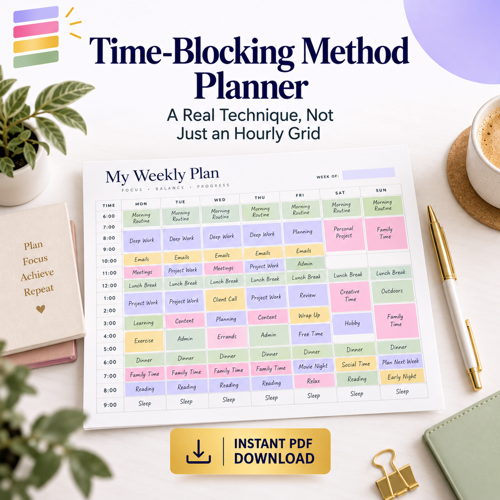 Time-Blocking Method Planner | Weekly Overview + Daily Pages | Instant Download PDF