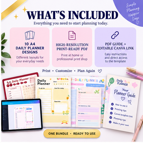 10 Daily Planner Designs – A4 Printable PDF + Editable Canva Template