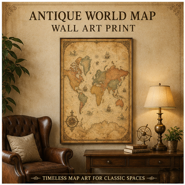 Vintage World Map Print — Instant Download — Antique Cartography Style Wall Art 16x24 24x36 — Living Room Office Decor