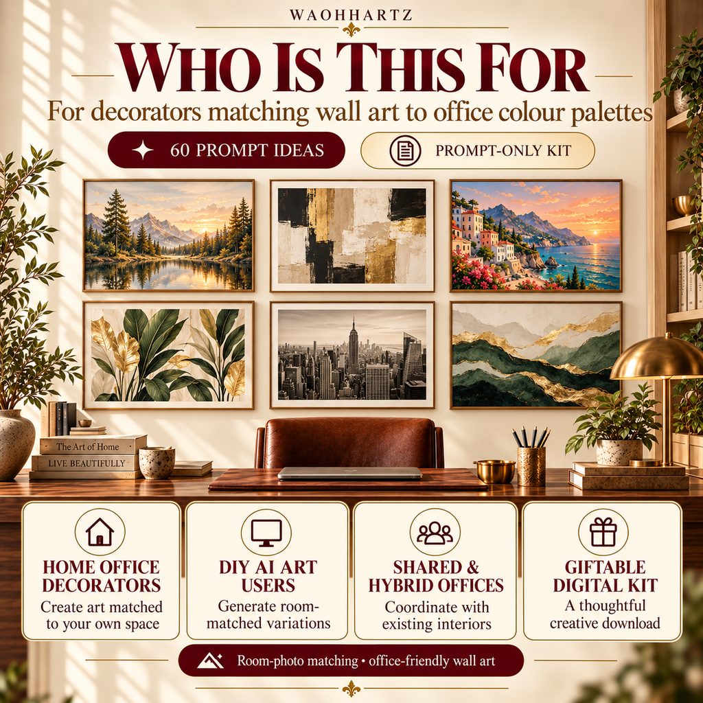 Room Photo Colour Match AI art prompt kit for home office decorators, DIY AI art users, shared and hybrid offices, and giftable digital kit buyers.