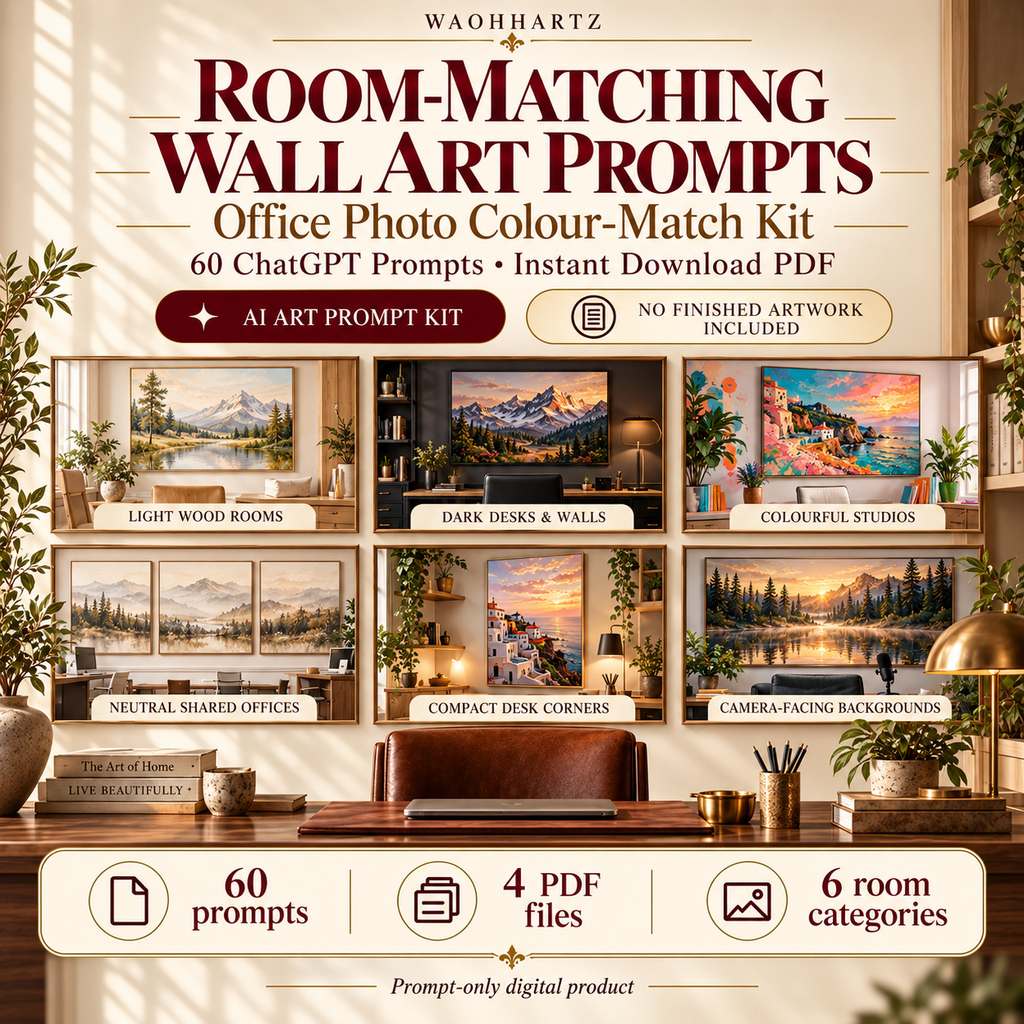 Room-Matching Wall Art Prompts office photo colour-match kit with 60 ChatGPT prompts, 4 PDF files and 6 room categories; prompt-only digital product with example artwork not included.