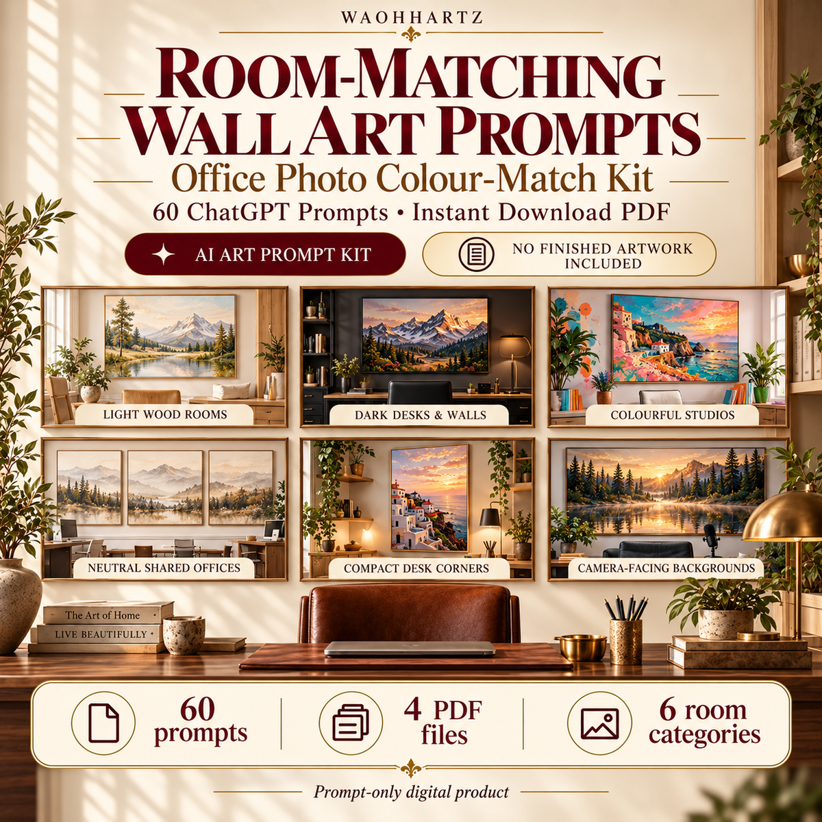 Room-Matching Wall Art Prompts office photo colour-match kit with 60 ChatGPT prompts, 4 PDF files and 6 room categories; prompt-only digital product with example artwork not included.