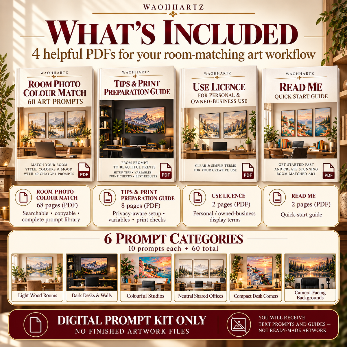 Room Photo Colour Match prompt kit showing four included PDFs, 68-page prompt library, 8-page print guide, 2-page use licence, 2-page read me and six prompt categories.